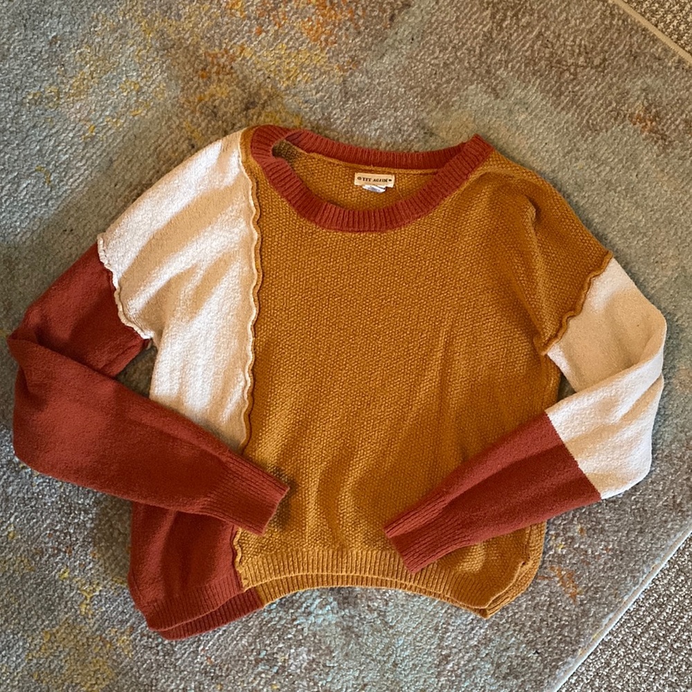 Yet Again Colorblock Tight Knit Pullover Sweater Long Sleeve Orange